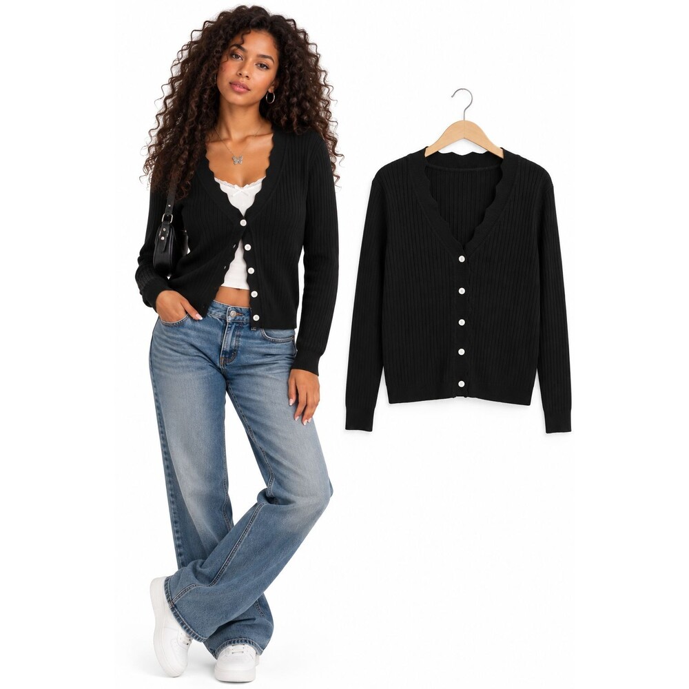 YesFashion Women's Ribbed Knit Scalloped V-Neck Cardigan Size XL Black